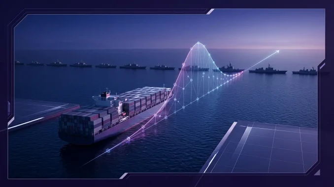 Prediction market curve rising over a container ship halted by a naval blockade at sea
