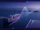 Prediction market curve rising over a container ship halted by a naval blockade at sea