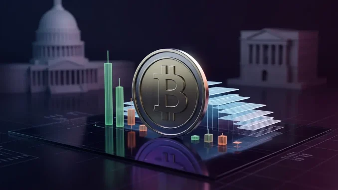 Bitcoin coin above collapsing derivatives layers, symbolizing falling leverage ahead of major market catalysts