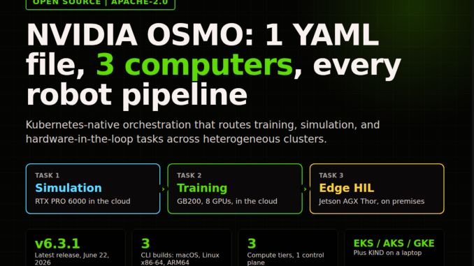 NVIDIA Open-Sources OSMO: One YAML Orchestrates Physical AI Training, Simulation, and Robot Testing